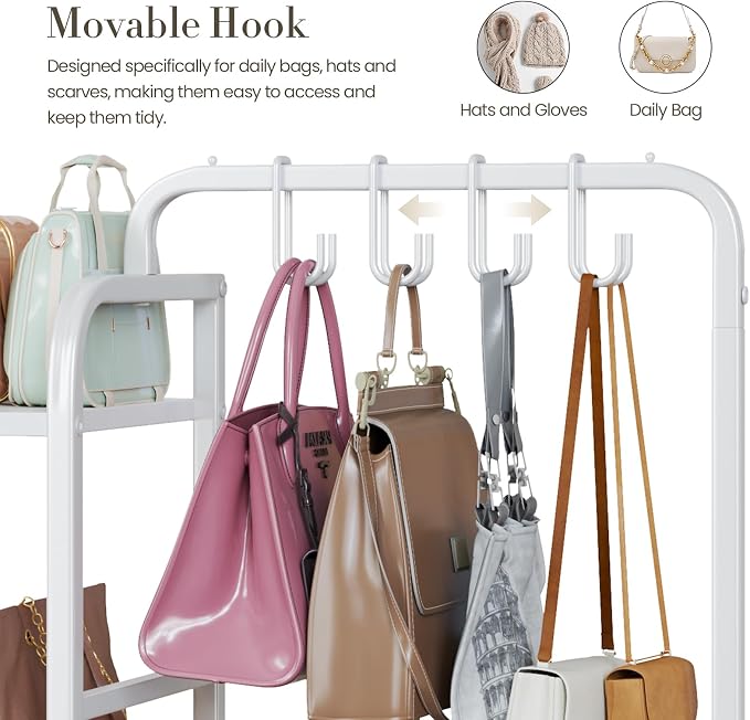 Purse Organizer for Closet, with Bottom Drawer, Extra Large Capacity 3 Tier Handbag Storage Rack for Women, 10 Purse Hanger and Hooks for Bag Organizer, Floor-Standing, Home, Living Room (White)