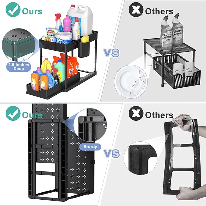 Under Sink Organizers and Storage, 2 Tier Black Bathroom Cabinet Organizer with 4-Height Adjustable Telescopic Tube,4 Removable Dividers,4 Hooks,1 Cup, Kitchen Under Sink Organizer,1 Pack