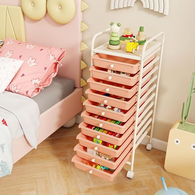 LDAILY 10 Drawer Rolling Storage Cart, Craft Organizer on Wheels, Drawer Cart with Metal Frame & Large Storage Capacity, Rolling Cart with Drawers for Living Room Classroom, Office