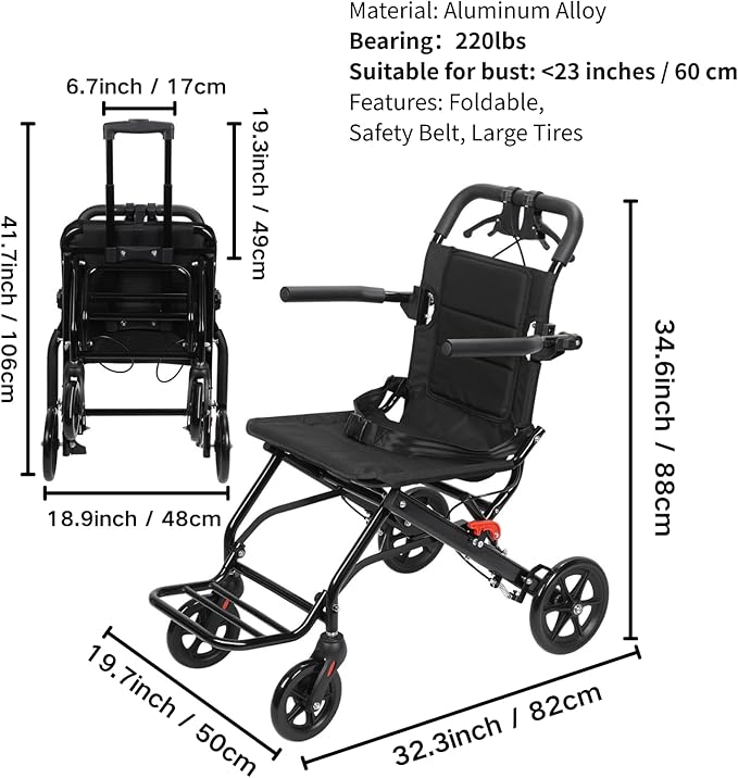 Portable Folding Transport Wheelchair,Transport Wheelchair Lightweight Foldable,Tran Sport Wheelchairs Lightweight Foldable Wheel Chair for Adults,Travel Wheel Chair for Elderly (Black)