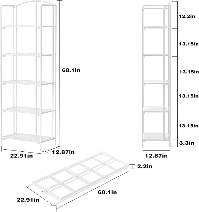 Crofy 5-Tier Foldable Bookshelf, White Frame & Transparent Shelves | No-Assembly Collapsible Portable Storage Organizer; Sturdy Transparent Shelves; Ideal for Living Room & Home Office