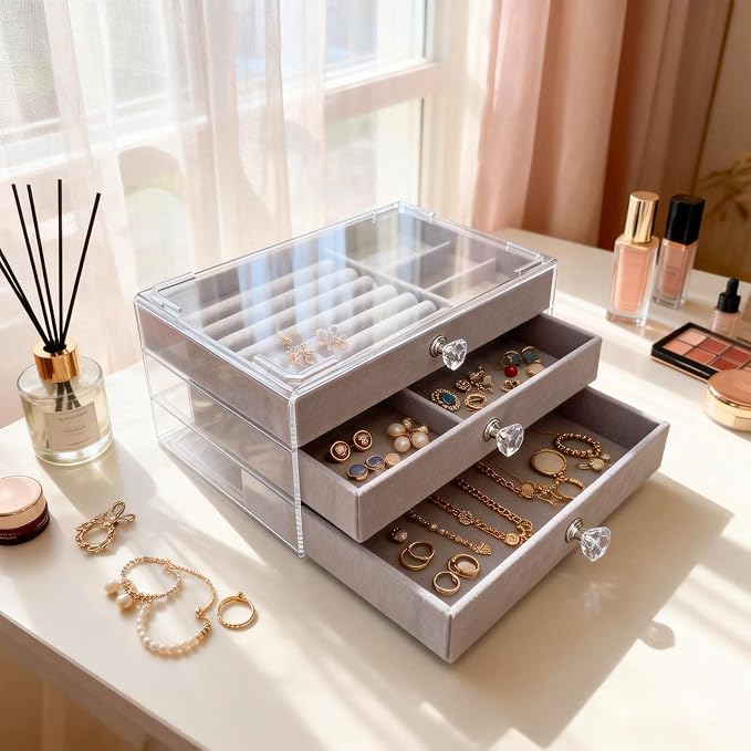 Clear Acrylic Velvet Jewelry Organizer with 3 Drawers, Stackable Display Storage Earrings Necklace Rings Bracelets Box Holder Case for Women, Grey