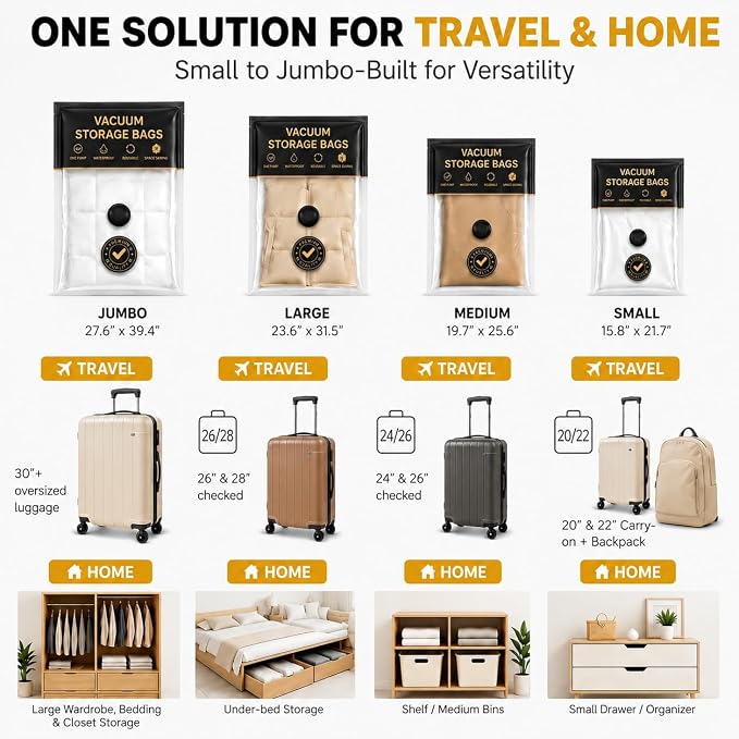 Vacuum Storage Bags with Electric Pump, Travel Vacuum Bags with USB-C Pump, Vacuum Seal Bags for Clothing Travel, Compression Sacks for Suitcase Packing, Reusable Space Saver Bags (10 Pack)