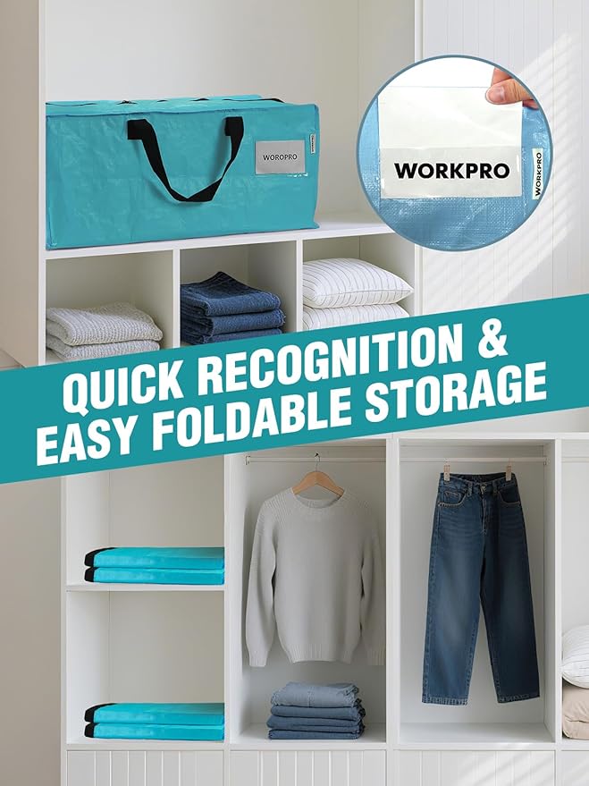 WORKPRO 8 Pack Extra Large Moving Bags with Zippers & Carrying Handles Backpack Straps, Heavy-Duty Storage Tote for Space Saving Moving Storage (Blue)