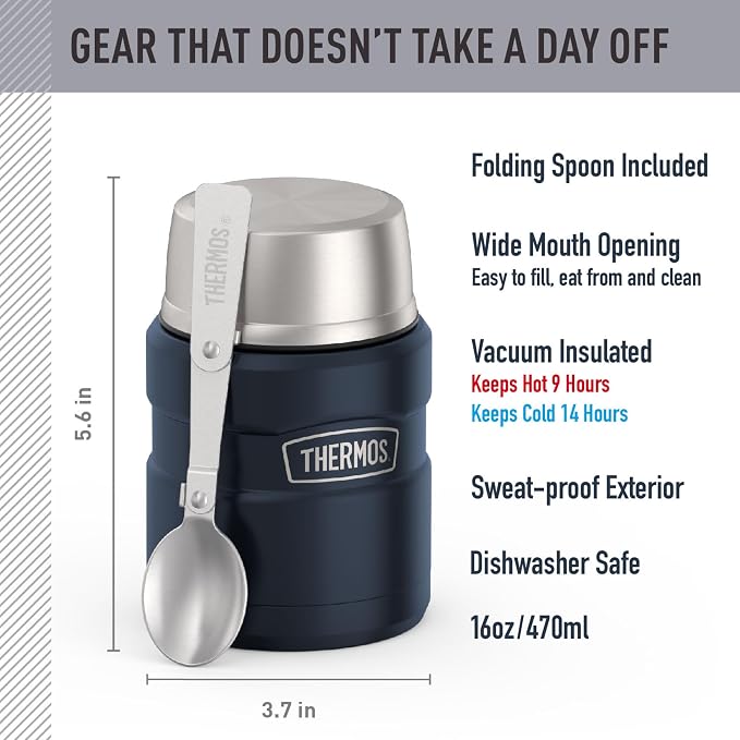 THERMOS Stainless King Vacuum-Insulated Food Jar with Spoon, 16 Ounce, Matte Mid Blue
