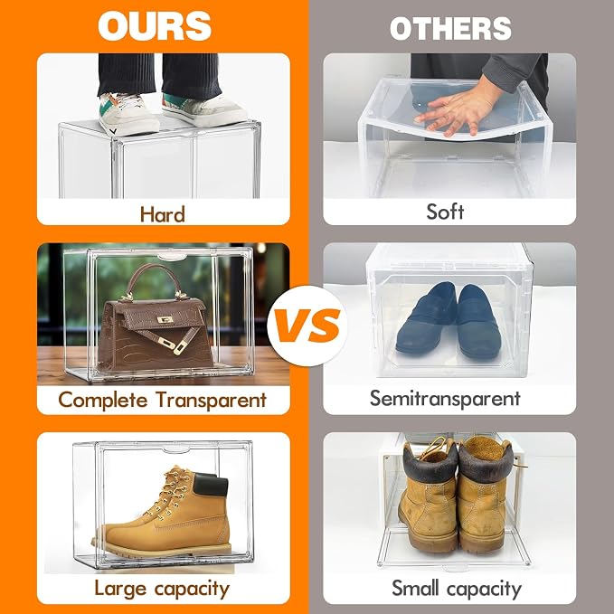 12 Pack Acrylic Clear Shoe Storage Boxes Size 12, Transparent Display Case for Sneaker Collections, Baseball Caps, Hat Organizer Dust-free Shoe Cubbies Stackable Sneaker Boxes