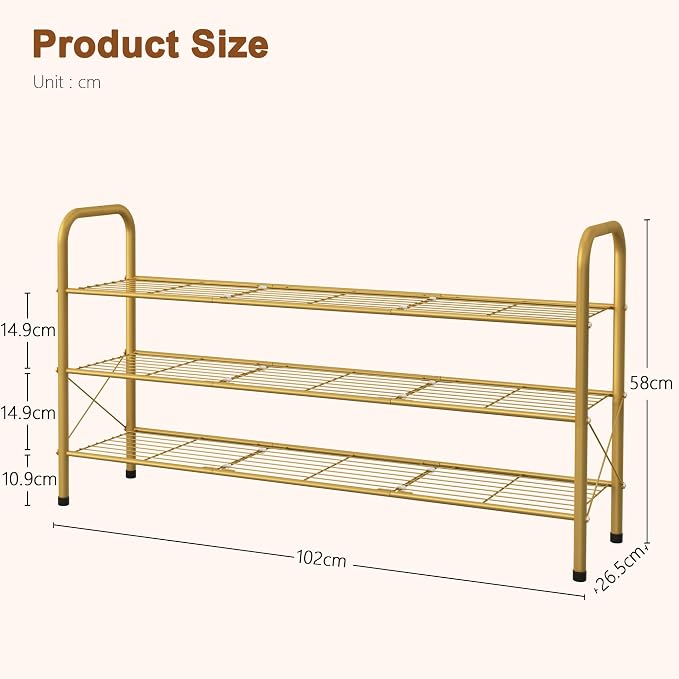 Hoctieon 3 Tier Mesh Style Shoe Rack, Entryway Shoe Shelf, Shoe Storage Organizer, Shoe Rack for Closet, Space Save for Bathroom, Garage, Hallway, Bedroom, Living Room, Gold