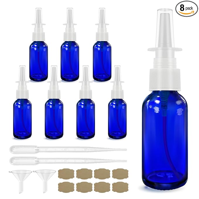 GIVAMEIHF Nasal Spray Bottle 8Pcs 1oz (30ml),Empty Nose Spray Bottle,Glass Nasal Spray Bottles with Funnel, Dropper,Label,Cobalt Blue Glass Press Spray Head Refillable Portable Fine Mist Travel Bottle