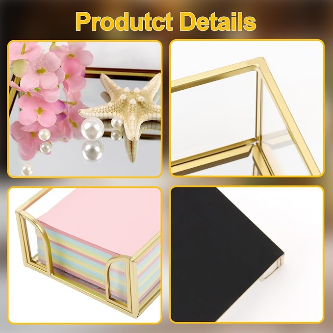 Glass Sticky Note Holder, Gold Post It Note Dispenser for Desk,3 x 3 Inch Post It Note Holder,Stylish Sticky Note Dispenser for Home Office Desk