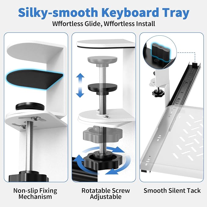 Keyboard Tray Under Desk - Full Metal Slide Out Holder, Rust-Resistant & Scratch-Proof, Double C-Clamps, 26x13" Tray for L Shape/Regular Desks, Standing/Sitting Workstation(White-A)
