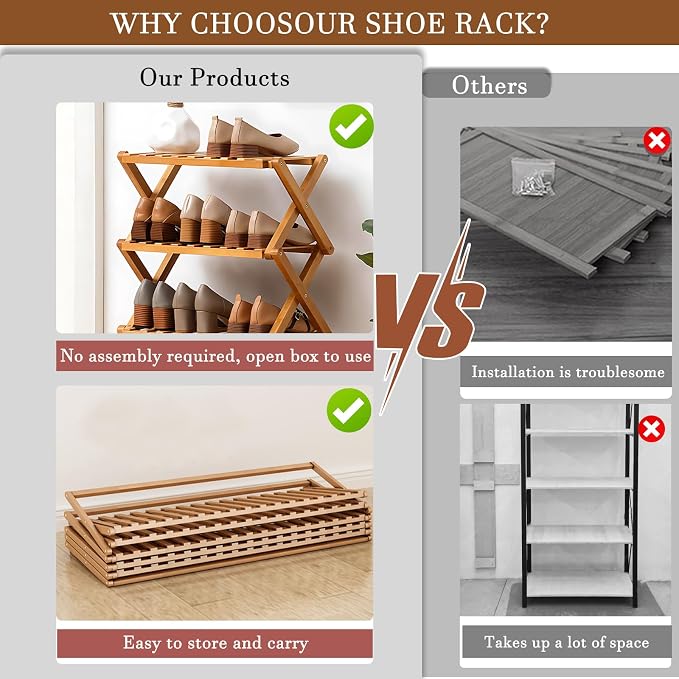 Jessie Bamboo Shoe Rack,Free Standing Shoe Rack for Closet,Portable Folding Shoe Storage Rack, Space Saving,Shoe Shelf for Bedroom Entryway Hallway Closet Living Room (Primary-6 Tier)