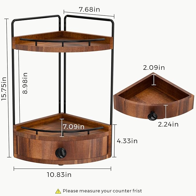 2-Tier Corner Bathroom Counter Organizer with Drawer, Acacia Wood-Brown | Embedded Screw Holes, Wooden Countertop Organizers, Space-Saving, Bottom Ventilation Design, Counter Shelf for Vanity