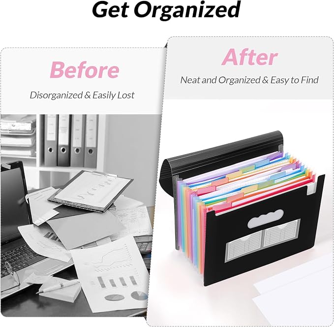 SKYDUE Accordion File Organizer, Expanding File Folder with 13 Pockets, Portable Document Paper Bill Receipt Organizer, School Office Supplies, Letter A4 Size Black