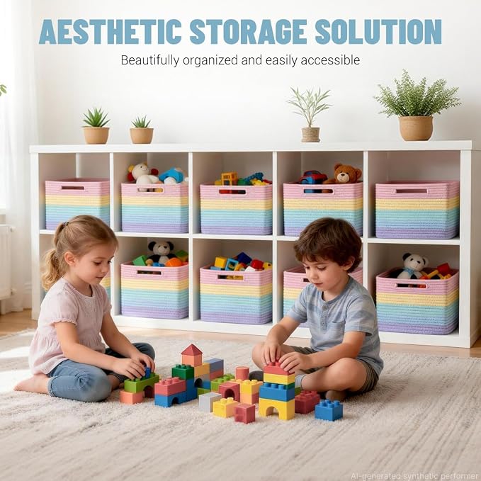 5 Pack Rainbow Woven Storage Baskets for Shelves, Decorative Toy Baskets Organizer for Kids Room, Nursery, Playroom, Classroom – Colorful Cotton Rope Toy Storage Bins for Organizing & Decor