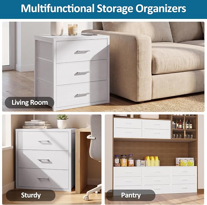 3 Fabric Drawer for Closet Storage: White Stackable Dresser Short Drawers for Clothes Organizer, Low Modular Chest Cabinet for Inside Closet Bedroom Nursery & Small Spaces, 2 Packs