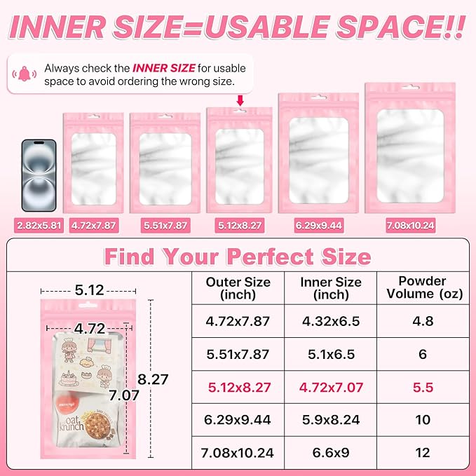 100 PCS Pink Resealable Mylar Bags with Frosted Clear Window Smell Proof Packaging Bags Foil Pouch Zip Bag for Food Self Sealing Storage Supplies 5.12x8.27