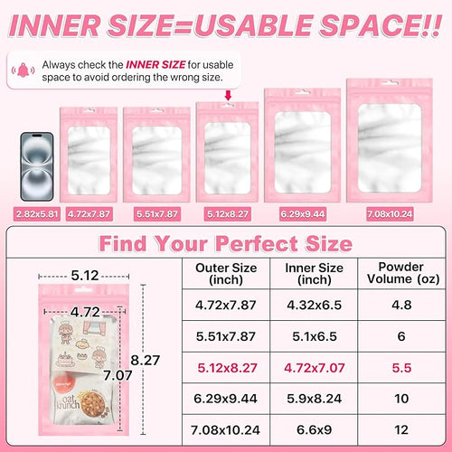 100 PCS Pink Resealable Mylar Bags with Frosted Clear Window Smell Proof Packaging Bags Foil Pouch Zip Bag for Food Self Sealing Storage Supplies 5.12x8.27