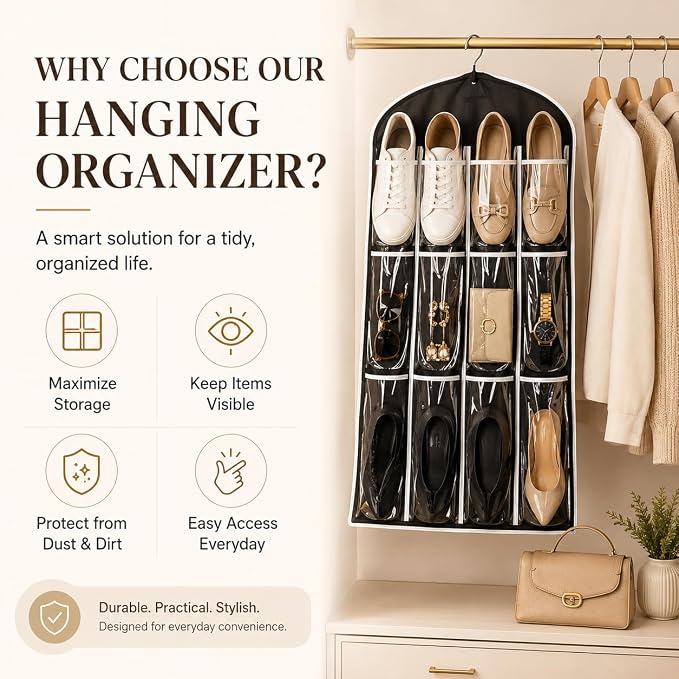 12 Pocket Clear Hanging Shoe & Accessory Organizer Bag - Closet Storage Solution for Shoes, Jewelry, Scarves, Belts & Small Accessories, Durable Space-Saving Design