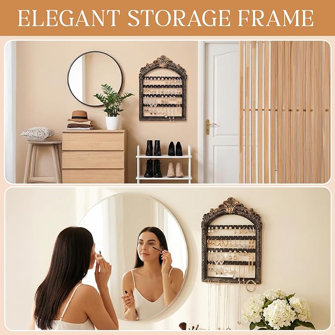 13 x 9.3'' Wall Hanging Earring Holder Black Vintage Jewelry Frame Organizers 4 Layer Wall Mounted Earrings Display Rack with Hooks Decorative Retro Jewelry Display for Necklaces