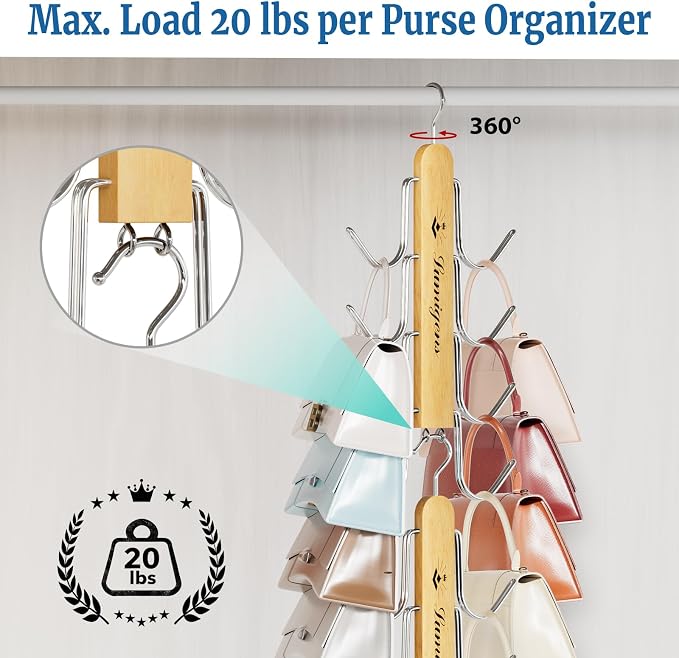 Purse Hanger, 2 Pack Purse Organizer for Closet with 16 Hooks for Heavy Bags, Sturdy Bag Storage, Rotatable Handbag Holder, Purse Rack Space Saving Backpack Hanging Closet Organizer Hangers