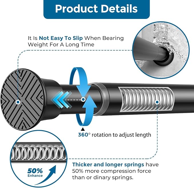 AIZESI 2Pack Tension Curtain Rod 31-62 Inch Adjustable Spring Loaded Curtain Rods No Drilling Tension rods for Window Doorway Closet,Kitchen, Curtain, 7/8" Diameter, Black