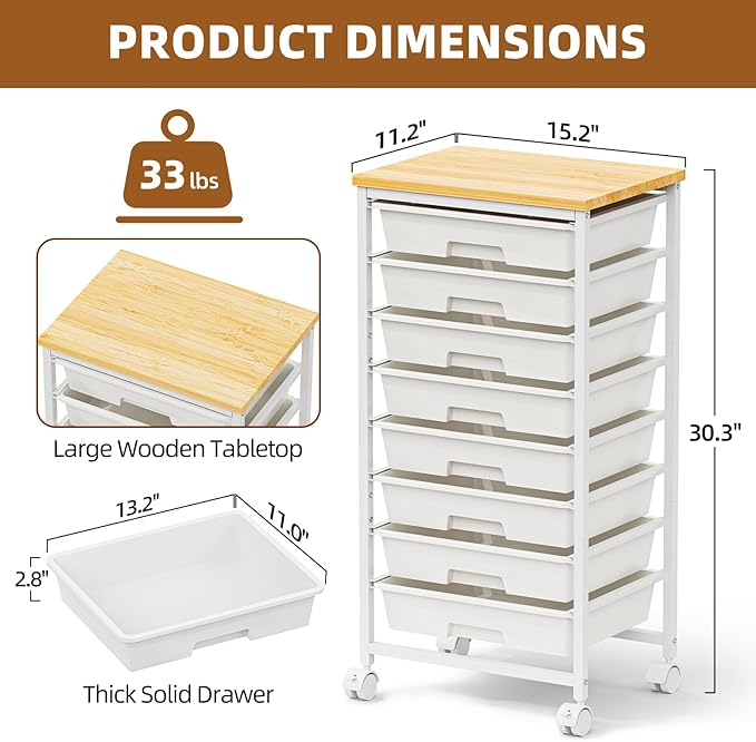 Rolling Storage Cart with 8 Drawers, Utility Cart with Wooden Tabletop and Lockable Wheels, Movable Craft Cart, Craft Storage Organizer for Living Room, Bedroom, Classroom, Office, White