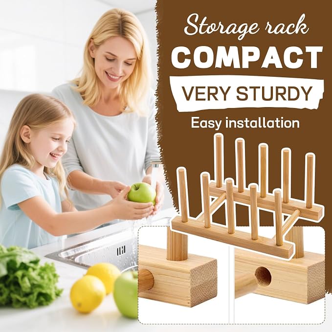 Bamboo Dish Drying Rack for Kitchen Counter, 4 Slots Plate Organizer Stand for Cups Cutting Board Pot Lid Books, Space Saving Bamboo Rack for Cabinet Display