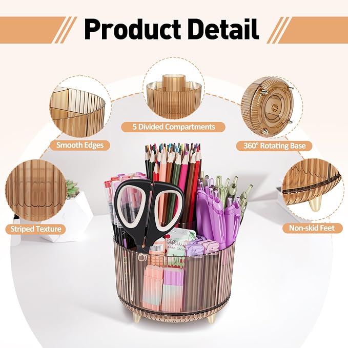 360 Rotating Pen Pencil Holder for Desk, Pen Organizer with 5 Slots, Makeup Brush Holder, Desk Organizer and Accessories, Cute Pencil Cup Caddy for Office School Home Decor Art Supply (Amber)