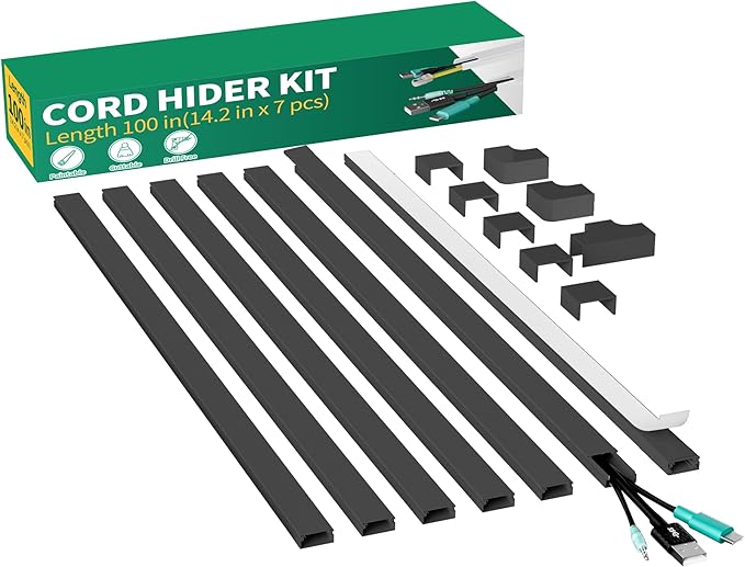 Delamu Cord Hider, 100in Self-Adhesive Cord Cover Kit for Wall Mounted TV, Paintable Wire Hider, Flexible Cable Management System, Cable Raceway Conceals 2-3 Wires, W0.95 H0.55in, Black