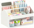 SAYEEC Desk Organizer with Drawer Multi-Functional Makeup Organizer with Handle 7 Compartments Pencil Pen Holder Small Desktop Storage Box Desk Accessories Caddy for Office Home Art Supplies (White)