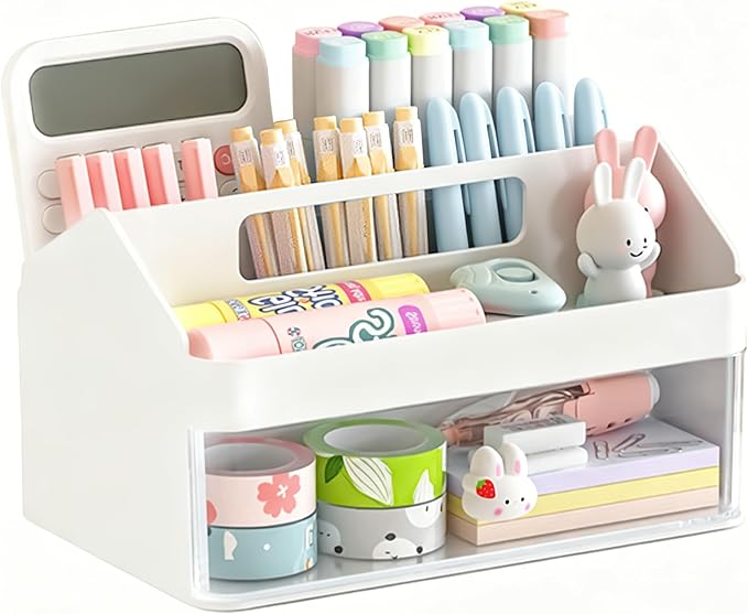 SAYEEC Desk Organizer with Drawer Multi-Functional Makeup Organizer with Handle 7 Compartments Pencil Pen Holder Small Desktop Storage Box Desk Accessories Caddy for Office Home Art Supplies (White)
