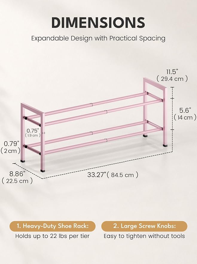 Bumusty 2-Tier Expandable Shoe Rack for Closet, 18“-33” Adjustable Shoe Rack for Small Space, Small Shoe Organizer for Front Door, Sturdy Metal, Pink