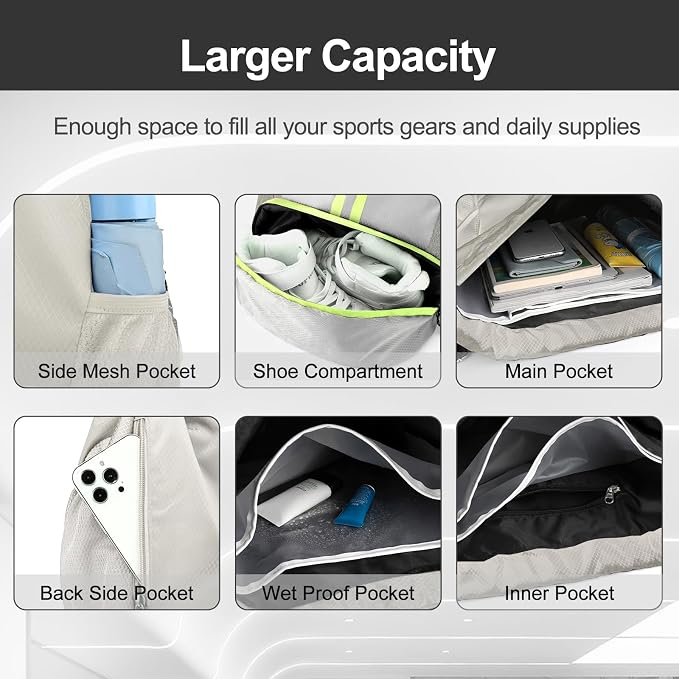 Hoedia Sports Drawstring Backpack - String Swim Gym Bag with Shoes Compartment and Wet Proof Pocket for Women&Men