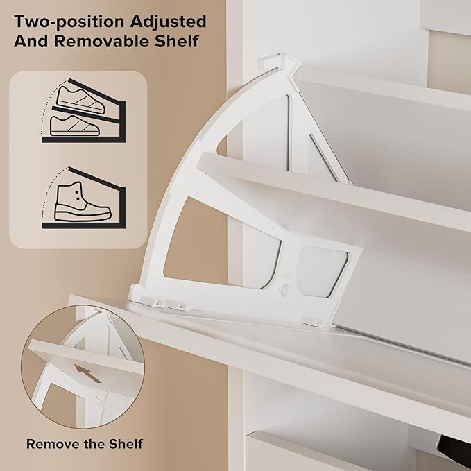 EOYUTLLY Shoe Cabinet Storage for Entryway, Narrow Shoe Rack with 3 Flip Drawers, Freestanding Hidden Shoe Rack Storage Organizer, Slim Shoe Cabinet White with Metal Legs