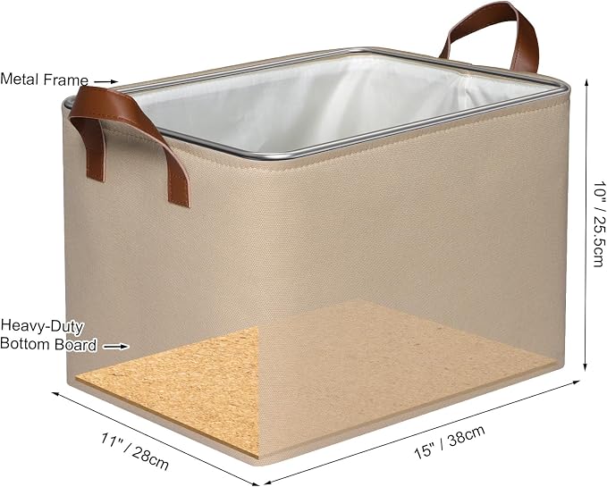 KEEGH Storage Baskets for Organizing Cube Storage 15 in, 4 Pack, Brown | Fabric Material, With Leather Handle, Closet Organization, Storage Bins for Living, Bedroom, Study