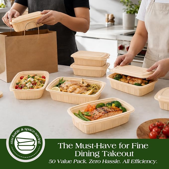 100 Piece (50 Pack) Meal Prep Containers with Lids,32 oz Resuable Cornstarch Material Salad Containers, Plant-based Lunch Boxes, Plastic Take Out Bowls BPA Free, Microwave Freezer Safe, Stackable