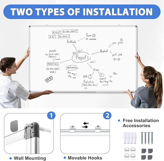 WALGLASS Large White Board, 60" x 40" Double-Sided Dry Erase Board Magnetic Whiteboard for Wall, Hanging Mounted Whiteboard Silver Aluminium Frame for Home, School, Office