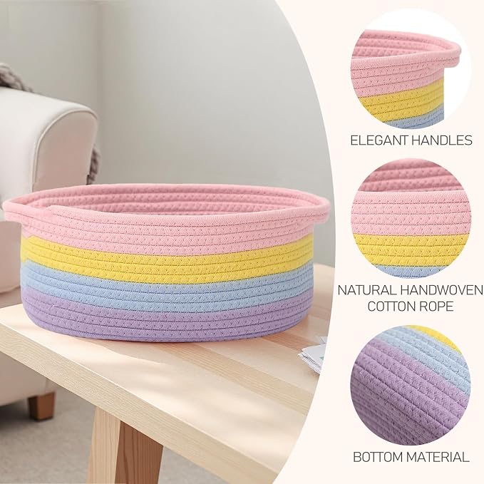 JMvicyroam Woven Basket,Small Rope Storage Bin with Handles & Ribbon Bag, Organizer for Shelves Closets,Gift Basket Empty for Birthday,Books,Dog Toys, Rainbow/3 Pack