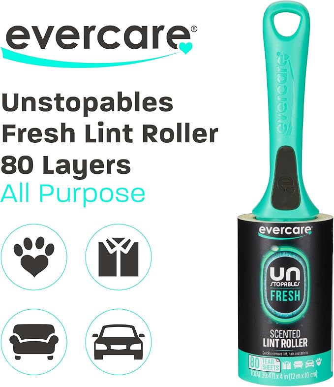 Evercare with Unstopables Fresh Scent All-Purpose Lint Roller, 4-Pack, 80 Layers Per Roller, Total 320 Sticky Sheets, Pet Hair & Lint Remover