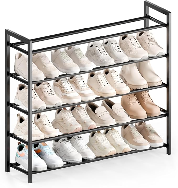 Bumusty 5-Tier Expandable Shoe Rack for Closet, 18“-33” Adjustable Shoe Rack for Small Space, Small Shoe Organizer for Front Door, Sturdy Metal (Black)