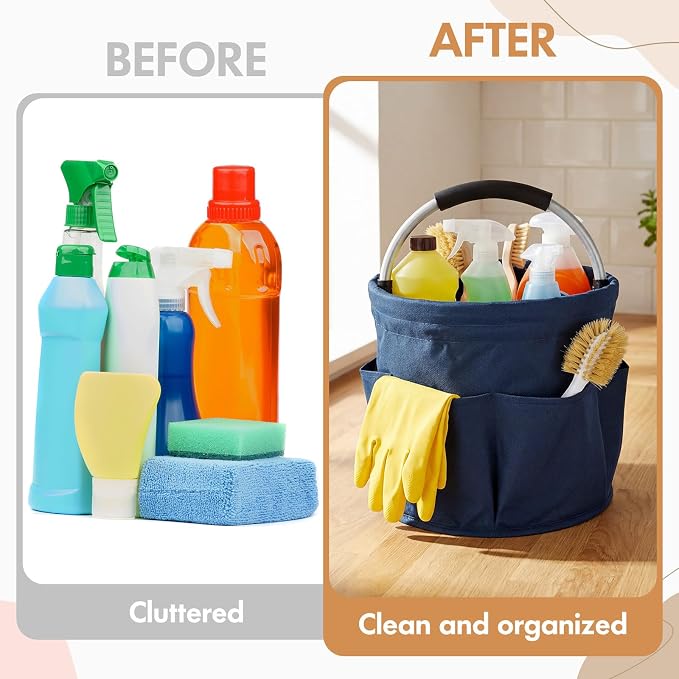 LemonRoad 4 Pack Cleaning Caddy with Handle 17L Foldable Cleaning Supplies Organizer Oxford Cloth Storage Basket with 6 Pockets Portable Multi Bucket Bag for Home Garden (Black,Beige,Navy Blue,Pink)