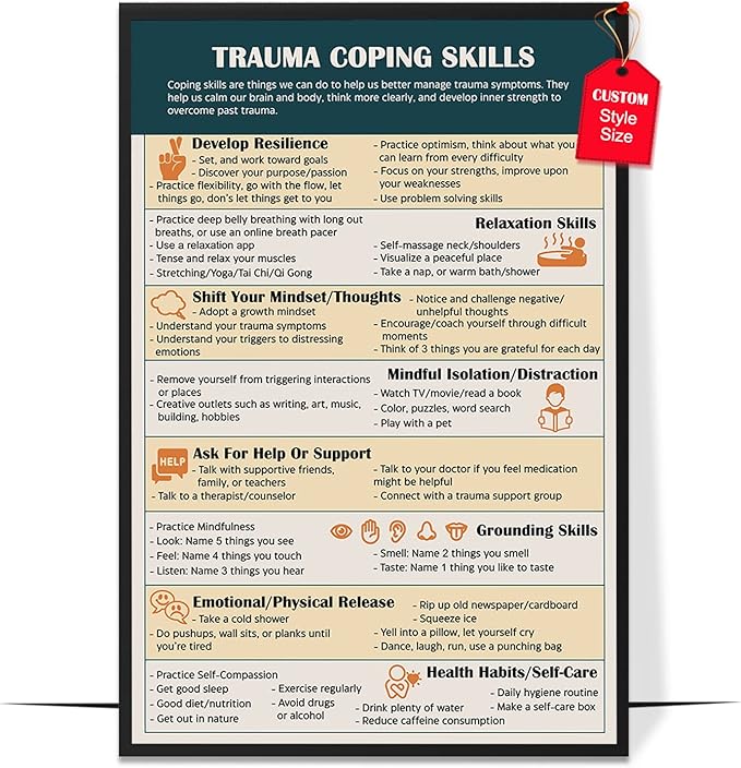 LOLUIS Mental Health Poster, Therapy Educational Supplies Art Print Classroom School Office Decor (Trauma Coping Skills, Custom Frame Type)