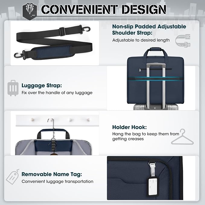 RAINSMORE Garment Bags for Travel Carry On Garment Bag for Hanging Clothes, Suit Bag for Business Trips with Shoes bag & Shoulder Strap, Waterproof Foldable Suit Luggage Bag for Men Women, Blue