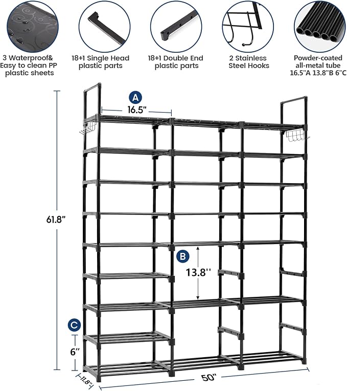 Mavivegue 9-Tier Metal Shoe Rack - Holds 50-55 Pairs, Tall Storage Shelf for Shoes, Boots, Entryway, Closet, Garage