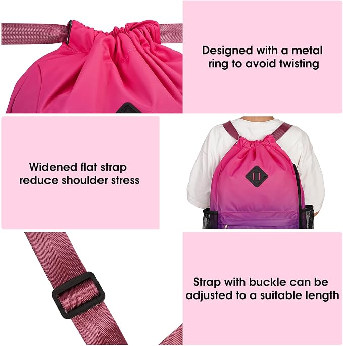 WANDF Drawstring Backpack with Shoe Compartment, Sports Gym Bag | Multi-Pocket Storage, Water-Resistant Fabric, Cinch String Bag