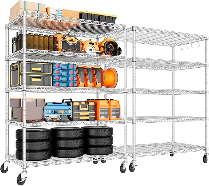 PrimeZone 5 Tier 48" Wx24''Dx81''H Wire Shelving with Wheels 3000lbs NSF Certified Storage Shelves Heavy Duty Metal Shelf Adjustable Rolling Rack Commercial Garage Restaurant Warehouse Chrome 2Pack