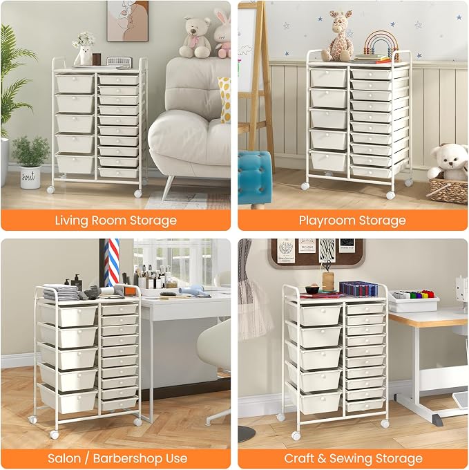 BECOMFORT 15-Drawer Rolling Cart with Drawers, Storage Cart on Wheels, Teacher Classroom Organizers with Metal Frame, Mobile Craft Cart for Tools, Trolley Utility Cart for School Office Play Room