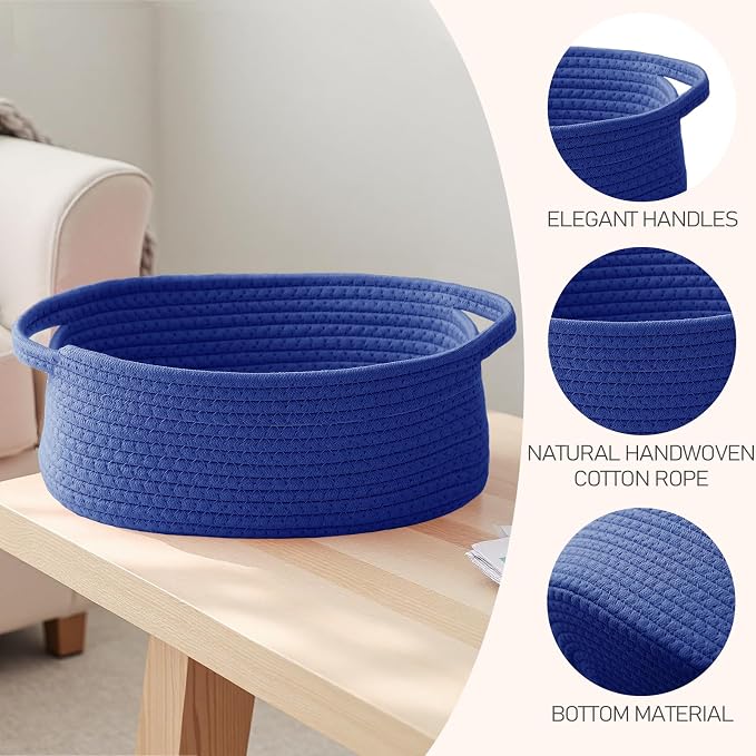 JMvicyroam Woven Basket,Small Rope Storage Bin with Handles & Ribbon Bag, Organizer for Shelves Closets,Gift Basket Empty for Birthday,Books,Dog Toys, Navy Blue/3 Pack