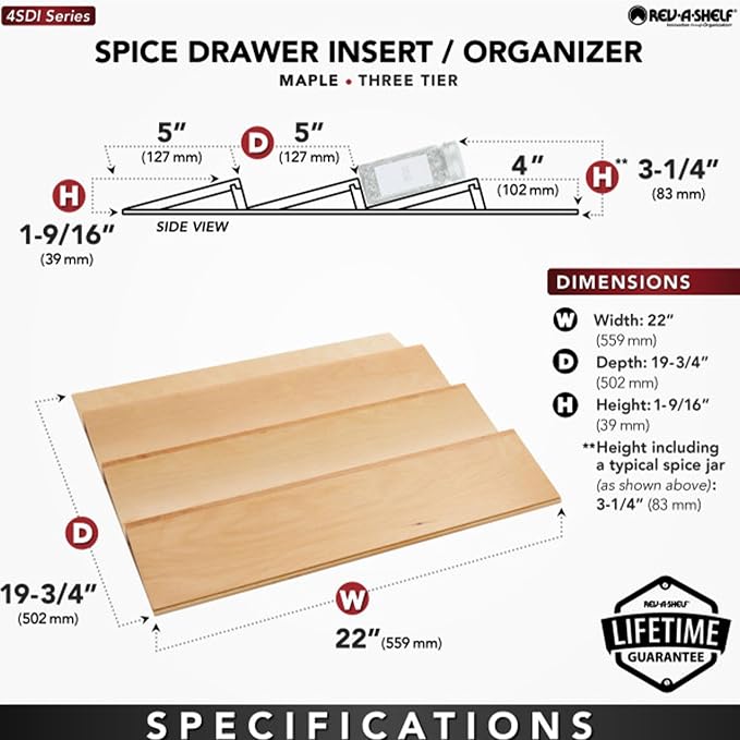 Rev-A-Shelf 22" 3 Tiered Seasoning Organizer, Trim-to-Custom-Fit Wooden Kitchen Draw and Cabinet Home Storage Insert, Pull Out Spice Rack, Maple, 4SDI-24