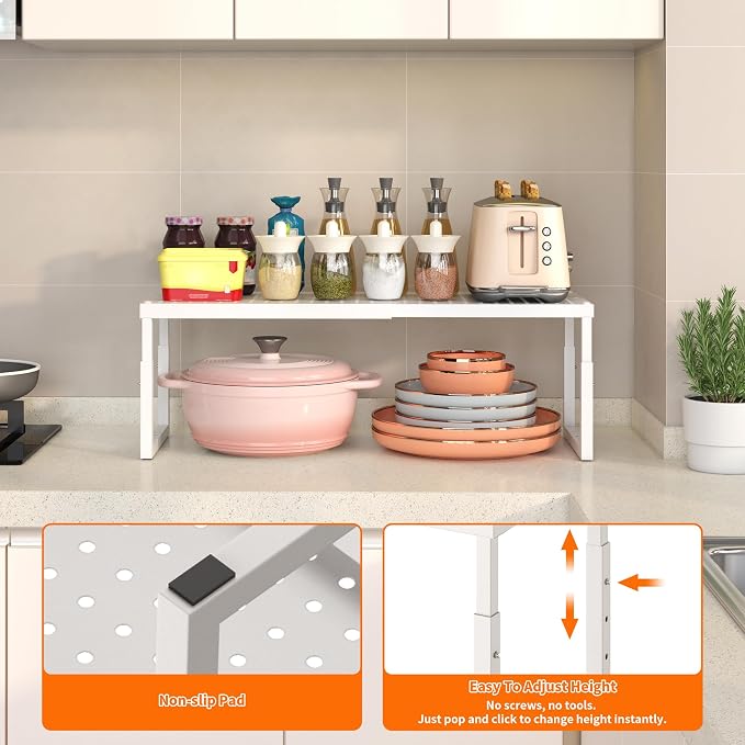 RUILALIFE Expandable-Stackable-Shelf-Organizer-For-Cabinet Pantry Closet,Kitchen Counter Shelf With Adjustable Height, Metal Storage Shelf Riser Spice Rack For Cupboard Countertop